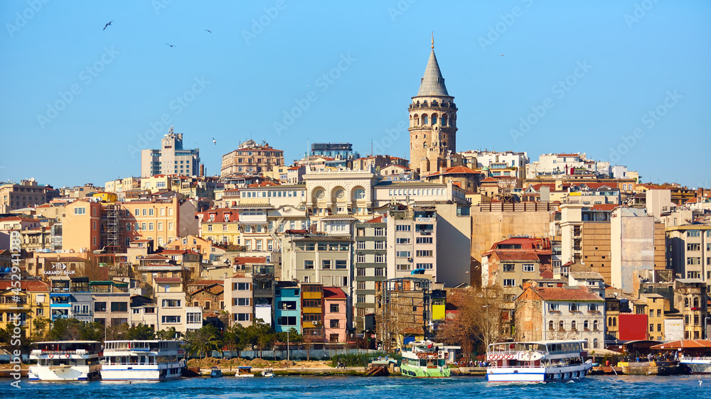 Beyoglu district historic architecture and Galata tower medieval landmark in Istanbul, Turkey