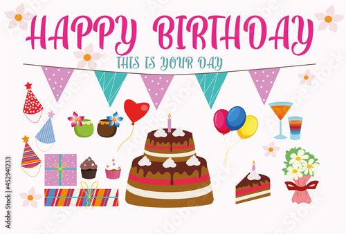 Vector design happy Birthday for greeting cards. Balloons, cake, cocktails, gifts. Stickers and ticks for birthday celebrations