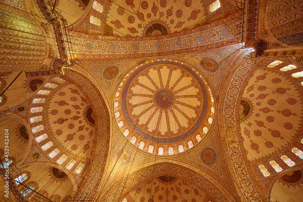 Blue Mosque interior in Istanbul, Turkey. Turkish: Sultan Ahmet Cami