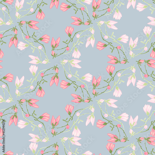 Seamless pattern Magnolias on light blue background. Beautiful ornament with spring pink flowers.