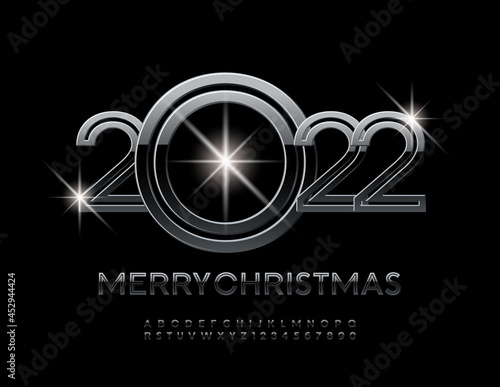 Vector luxury Greeting Card Merry Christmas 2022! Dark Metallic Font. Glossy Alphabet Letters and Numbers set