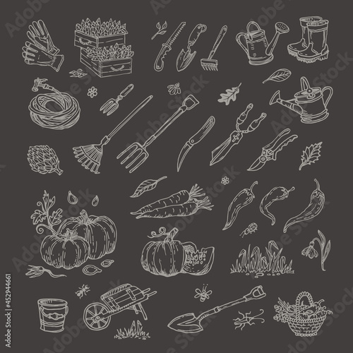 Big set of hand-drawn garden elements gardening tools.