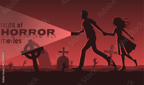 poster for halloween or horror movie marathon in red colours, graveyard and couple