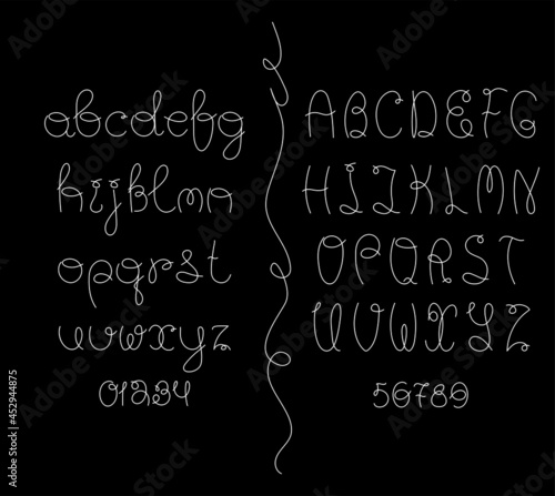 Alphabet italic letters and numbers in hand drawn one line art style isolated on black background. Vector illustration