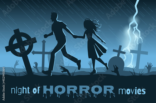 poster for halloween or horror movie marathon in blue colours. rain, graveyard and couple