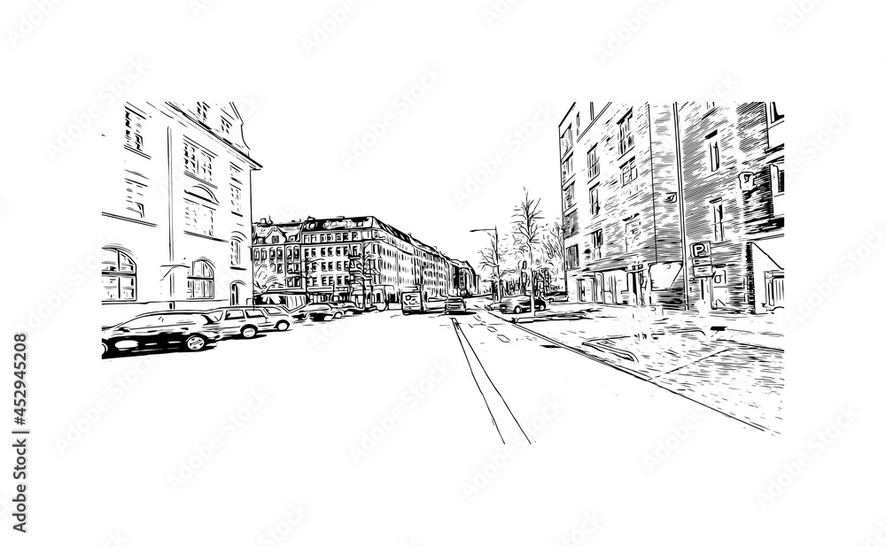 Building view with landmark of Kiel is the 
city in Germany. Hand drawn sketch illustration in vector.