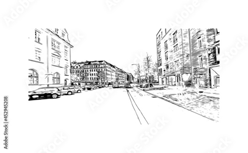 Building view with landmark of Kiel is the city in Germany. Hand drawn sketch illustration in vector.