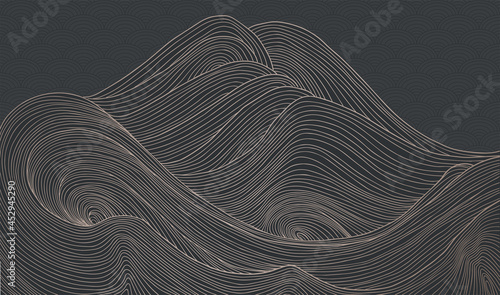 vector abstract japanese style landscapes lined waves in black and gold colours	