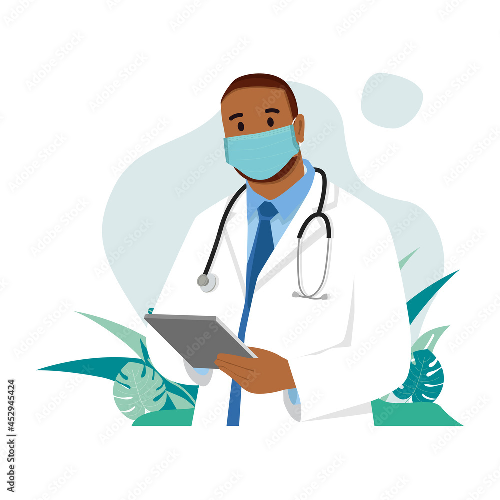 the concept of illustration of a black doctor's vector wearing a mask