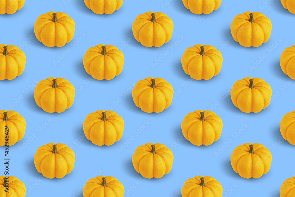 Repetitive pattern with orange pumpkins on white background, 3d rendering. Minimal vegetable background.