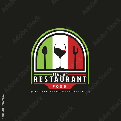 Italian Food Restaurant Logo. Italian flag symbol with Spoon, Fork, and Wine Glass icons. Premium and Luxury Logo