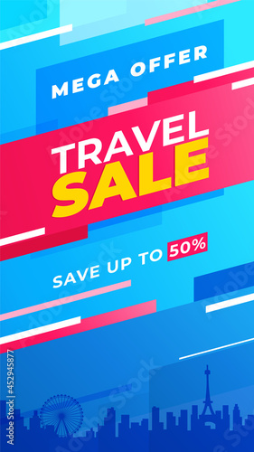 Travel sale Offer. Colorful travel instagram stories template. To use in your design as a flyer, print or banner. Save up to 50% off. photo