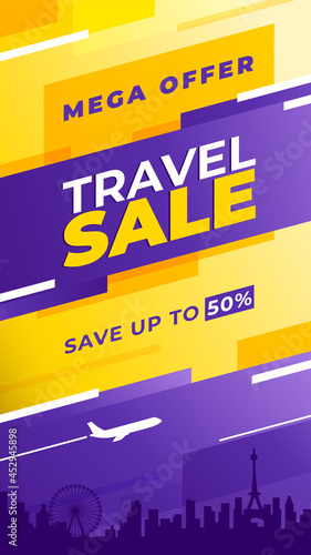 Travel sale Offer. Colorful travel instagram stories template. To use in your design as a flyer, print or banner. Save up to 50% off. photo