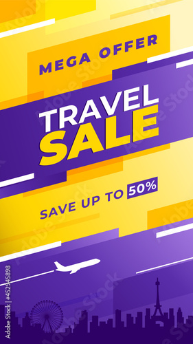 Travel sale Offer. Colorful travel instagram stories template. To use in your design as a flyer, print or banner. Save up to 50% off.