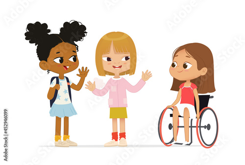 Multiracial Children greeting newcomer girl in a wheelchair. African American Girl with the backpack saying hallo to Caucasian Girl. School inclusive education concept. Illustration for website