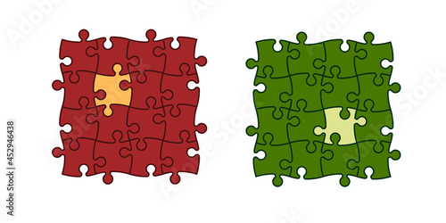 Set of puzzle pieces of different colors isolated on white background. Vector illustration.