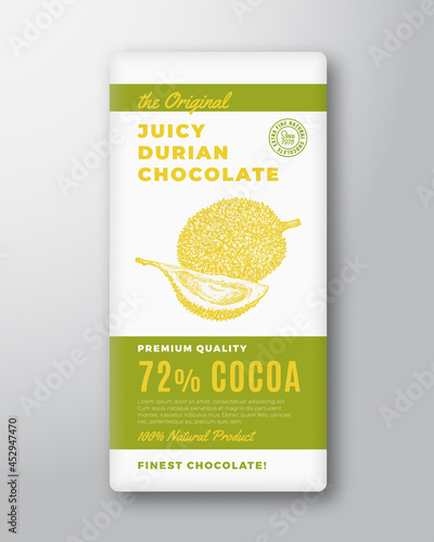 The Original Finest Chocolate Abstract Vector Packaging Design Label. Modern Typography and Hand Drawn DurianFruit Sketch Silhouette Background Layout. Isolated photo