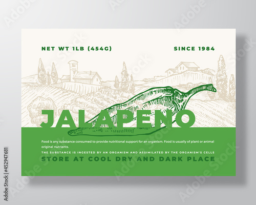 Jalapeno Pepper Label Template. Abstract Vector Packaging Design Layout. Modern Typography Banner with Hand Drawn Vegetable and Rural Landscape Background. Isolated