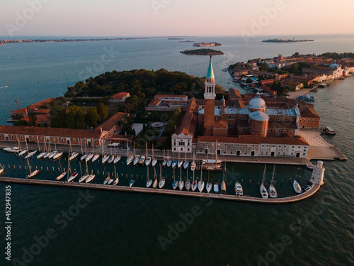 Drone view of San Giorgio Maggiore (Venetian: San Zorzi Mazor) is one of the islands of Venice, northern Italy photo