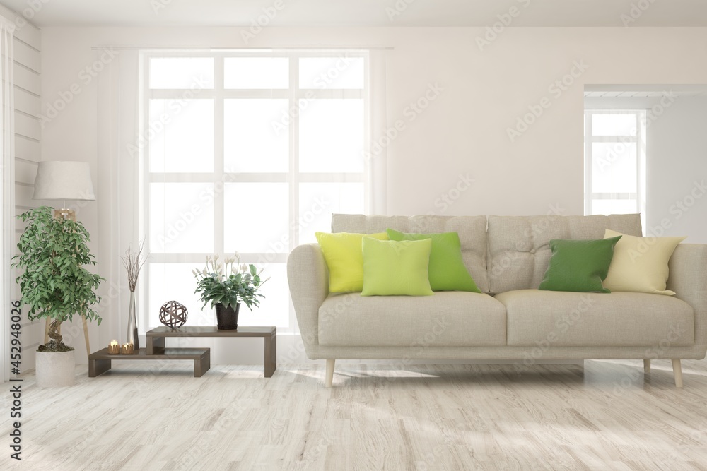Fototapeta premium White living room with sofa. Scandinavian interior design. 3D illustration