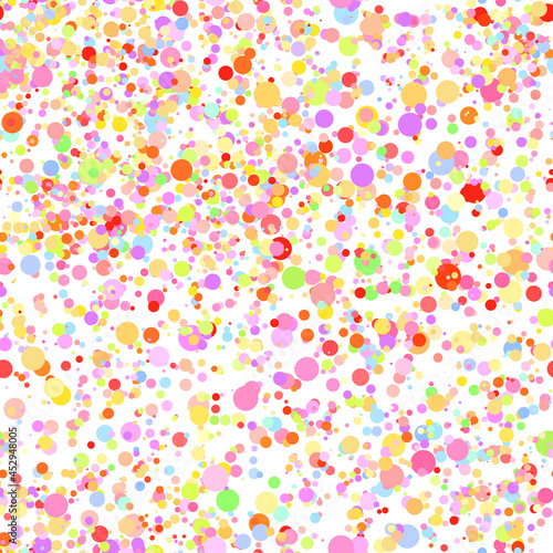 Abstract hand drown polka dots background. White dotted seamless pattern with rainbow circles. Template design for for Birthday, party holiday, banner, textile, fabric. Summer confetti illustration