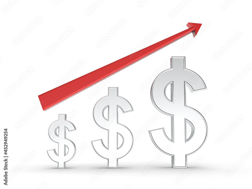 3D Illustration of US Dollar symbol with arrow pointing upside 3D Illustration of US Dollar symbol with arrow pointing upside