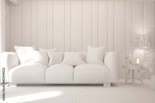 Mock up of minimalist living room in white color with sofa. Scandinavian interior design. 3D illustration