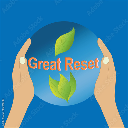 Hände halten eine durchsichtige Kugel auf der Great Reset steht. Vektor 
