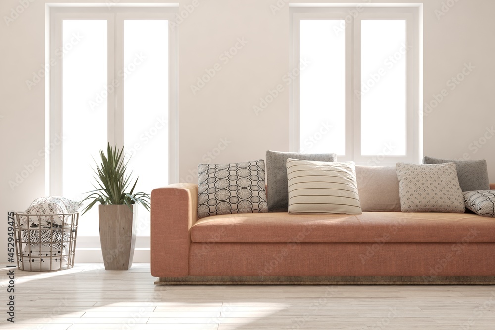 Naklejka premium White living room with sofa. Scandinavian interior design. 3D illustration