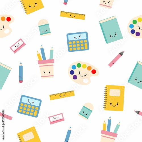 Childish seamless pattern with education supplies. Back to school. Vector kawaii cartoon characters