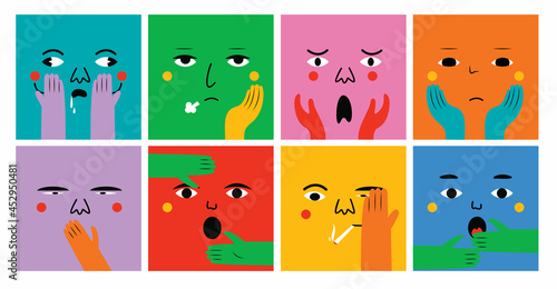 Faces with various Emotions and hand gestures. Different color characters.