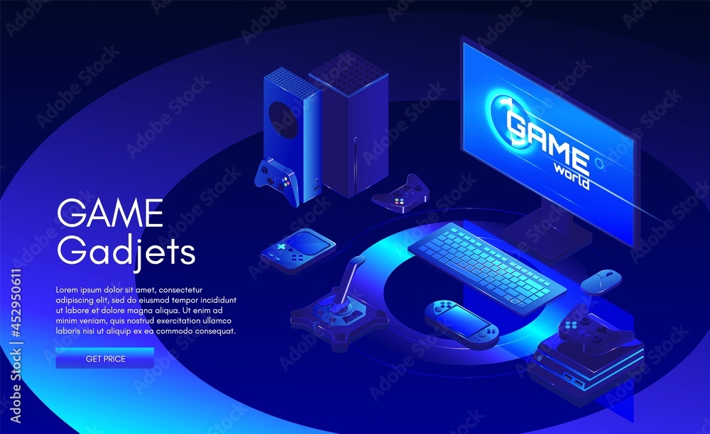 Game gadgets web banner template. Gamers equipment. Game console, controller, computer, vector isometric illustration.