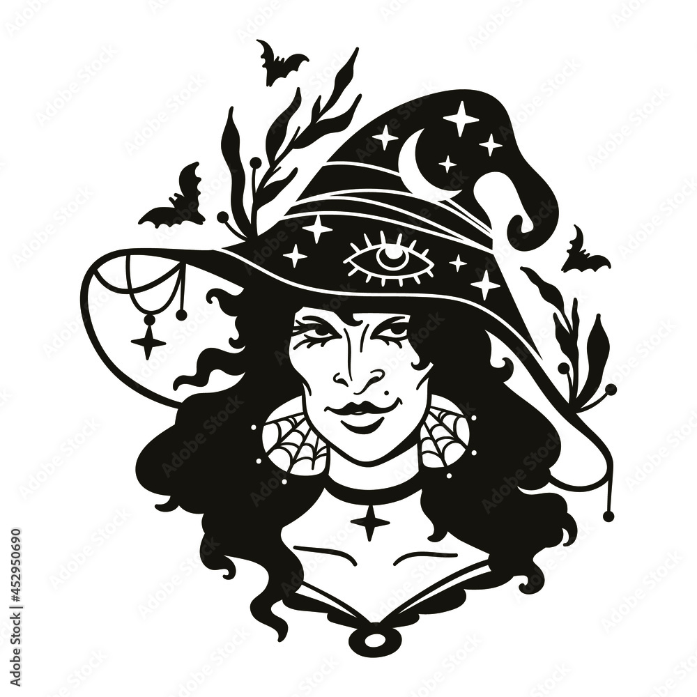 Beautiful young Halloween Witch. Black and white vector illustration ...
