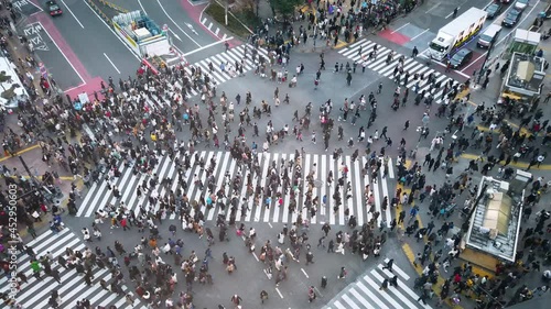 POV of many people walking crossing road in shibuya street area in daytime before covid19 outbreak in slowmotion photo
