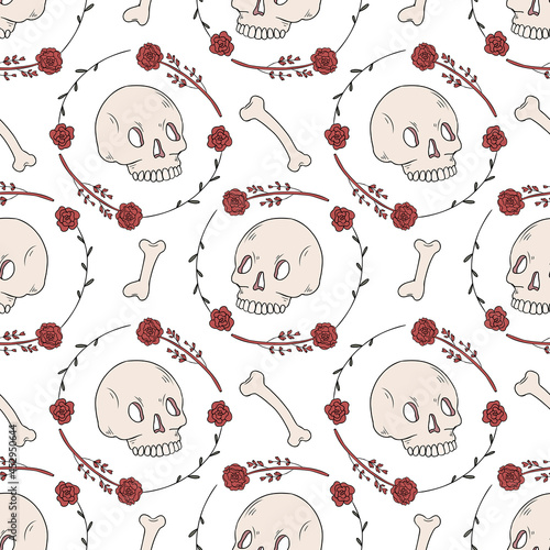 Seamless pattern with hand drawn skulls. Cute design for Halloween decorations. Vector seamless pattern. Vector illustration
