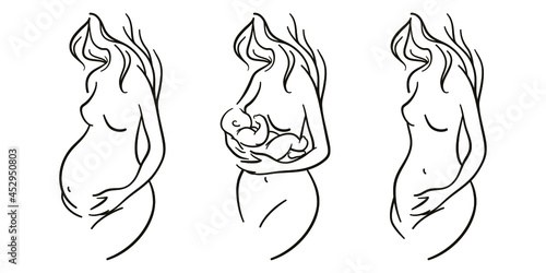 Maternity concept illustration. Pregnant women, woman with a newborn baby. Motherhood, maternity, hand drawn style vector illustrations.