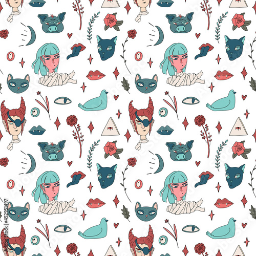 Seamless pattern with hand drawn witch, cat, birds. Cute design for Halloween decorations. Vector seamless pattern. Vector illustration