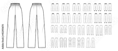 Set of Sweatpants leggings sport technical fashion illustration with normal low waist, high rise, full length, fitted oversized. Flat training template front, back white color. Women men CAD mockup