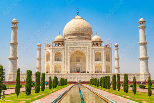 Taj Mahal panorama in Agra India with amazing symmetrical gardens.