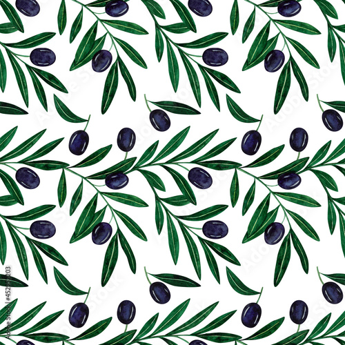 Watercolor seamless pattern with olive tree branch, black olives. Hand painted botanical illustration isolated on white background for design, print, fabric or background.Vegetable pattern