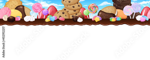 お菓子の世界の風景イラスト_フレーム_シームレス