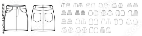 Set of Skirts technical fashion illustration with knee mini lengths silhouette, A-line, pencil circular fullness. Flat bottom template front, back, white color style. Women, men, unisex CAD mockup