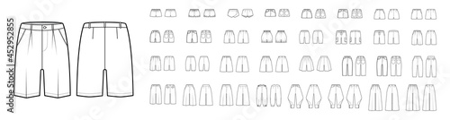 Set of Shorts suit denim Bermudas pants technical fashion illustration with mini knee length, normal low waist, high rise. Flat bottom template front, back, white color. Women, men, unisex CAD mockup