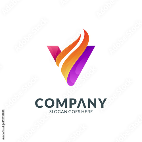 Letter V and fire creative logo design concept