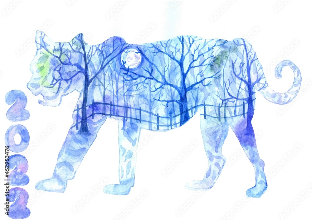 Obraz premium new Year's card 2022. watercolor illustration of a blue tiger with trees , the night sky with the moon and a fence. rural landscape on a tiger silhouette
