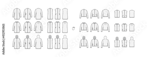 Set of Down vest puffer waistcoat technical fashion illustration with pouch, sleeveless, zip-up closure, loose fit, crop hip length. Flat template front, back, white color. Women, men top CAD mockup