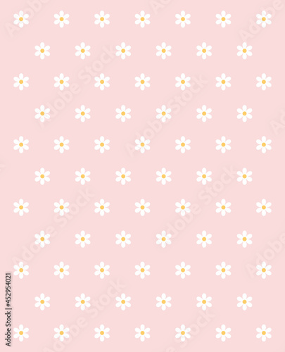 Seamless pattern with camomile flower on pink background, flat design, cute round flower plant nature collection, summer flowers, decoration elements, isolated camomiles, vector illustration