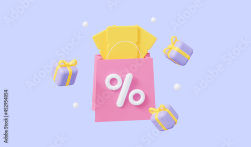 The concept of a promo code. A coupon with flying gifts. For promotion, marketing and advertising in social networks. 3d rendering