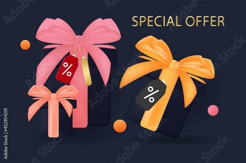 Loyalty program 3d, special offer. Loyal sale and a gift with a coupon price tag, cashback refund. Payment percentage, bonus. The concept of a profitable discount purchase. Vector illustration 