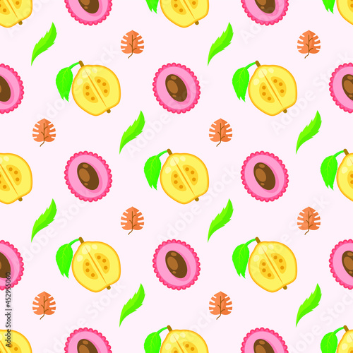 Fototapeta Naklejka Na Ścianę i Meble -  Seamless Pattern Abstract Elements Fruits Food Quince And Lychee With Leaves Vector Design Style Background Illustration Texture For Prints Textiles, Clothing, Gift Wrap, Wallpaper, Pastel